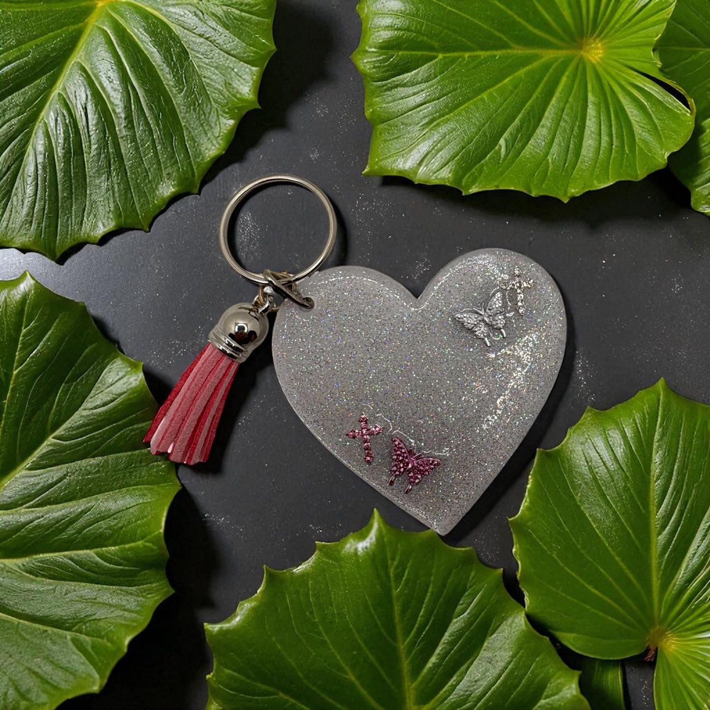 Pink and Silver Heart Keychain